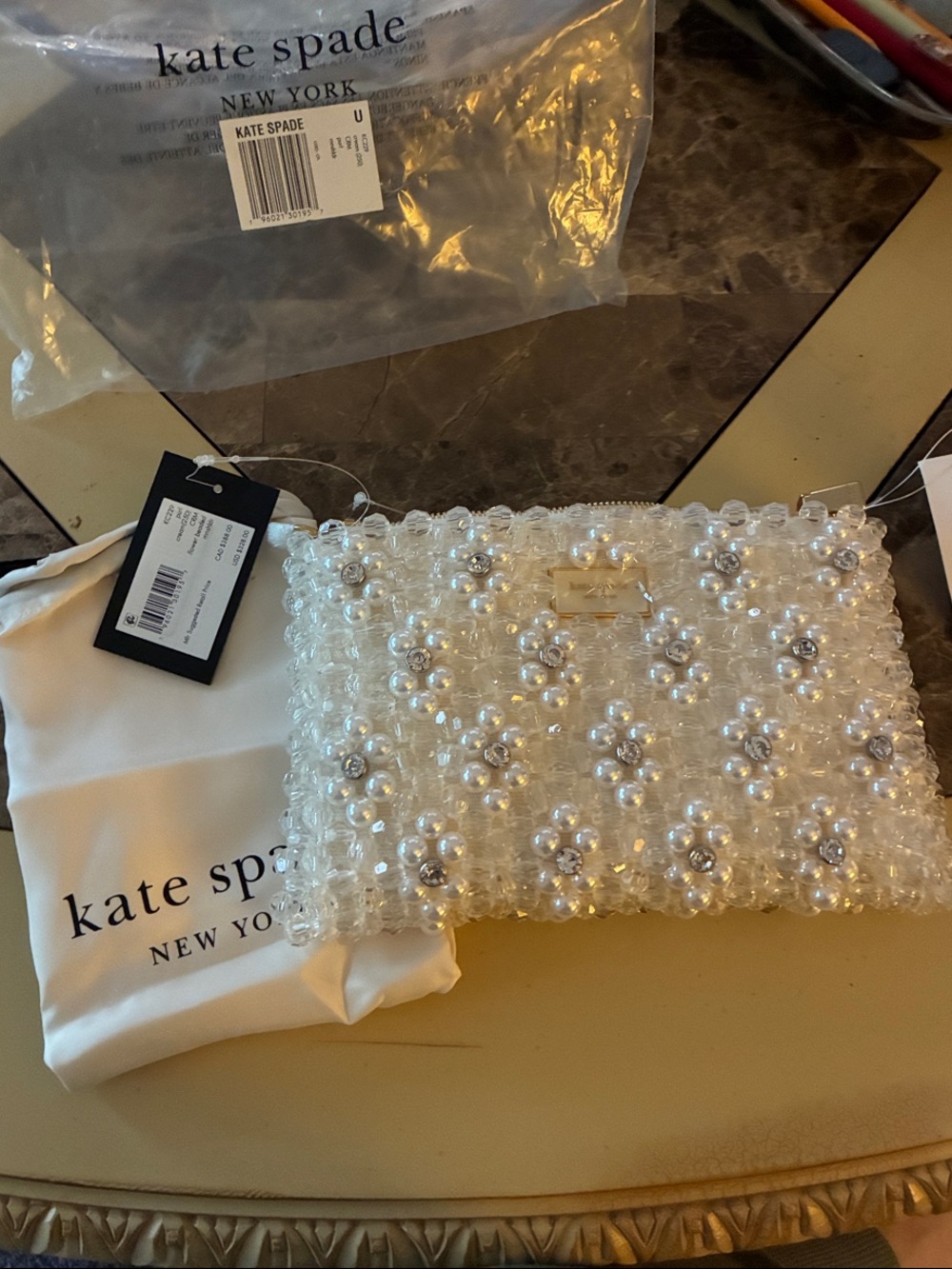 kate spade pearl and crystal bead clutch Bridal Bag Zip Flower Beaded NWT - Picture 4 of 4